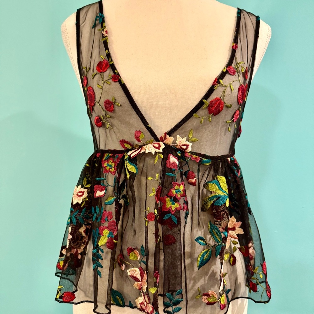 Ecote Floral Embroidered Sheer Top